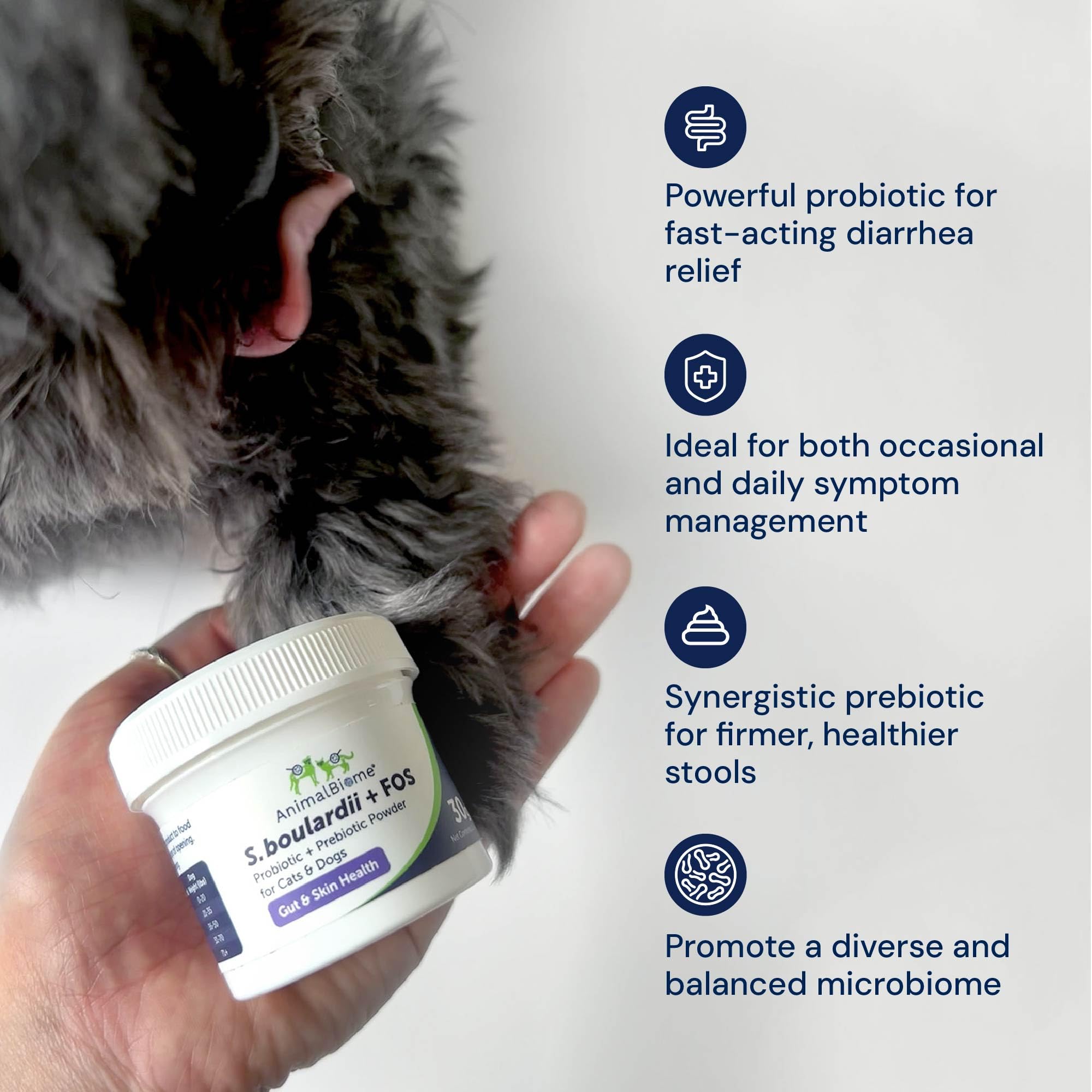 Cat and dog product scene with AnimalBiome S boulardii + FOS for daily use.