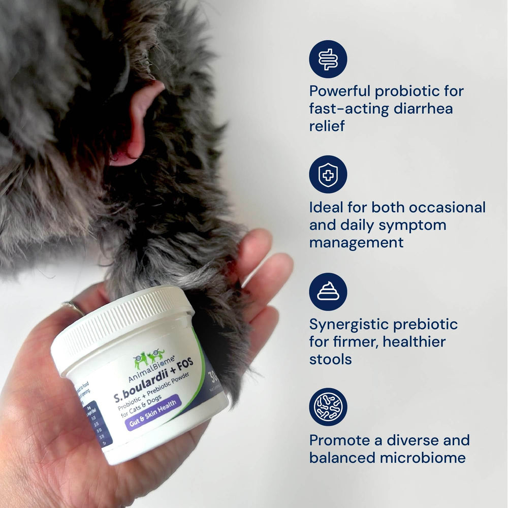 Cat and dog product scene with AnimalBiome S boulardii + FOS for daily use.
