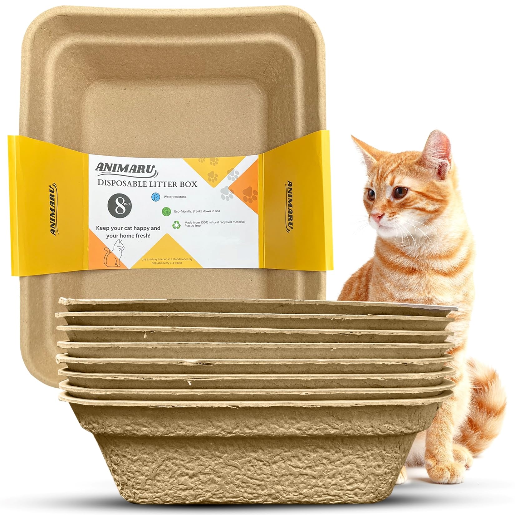 Animaru disposable litter box brown large 8-pack packaging highlights eco-friendly convenience.