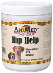 ANIMED Hip Help Powder bottle demonstrates veterinary-strength joint support for dogs.