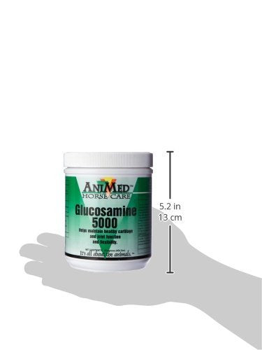 ANIMED Horse Glucosamine 5000 supplement bottle being poured, suggesting easy daily use