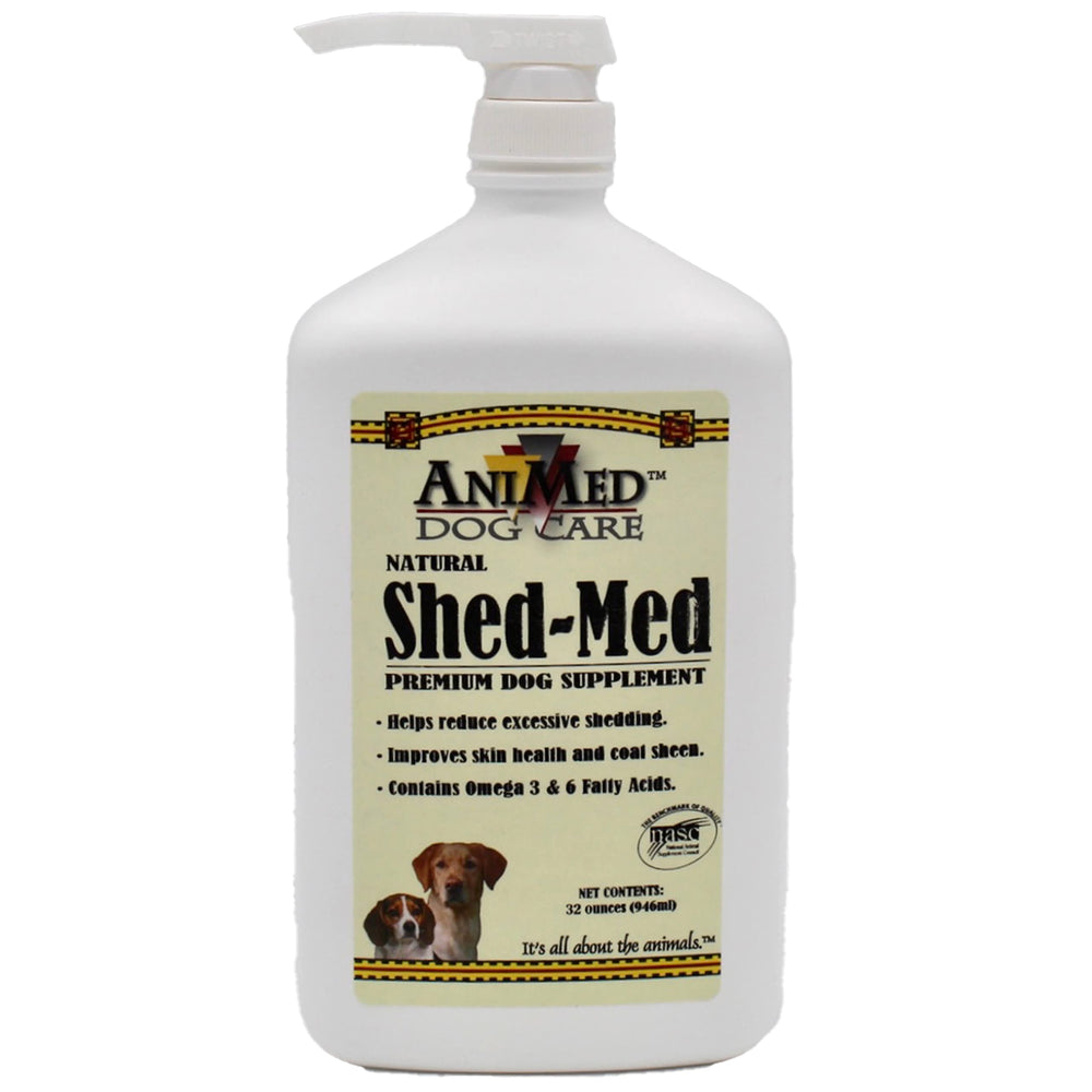 ANIMED Shed-Med Premium Dog Supplement bottle and pump for easy daily dosing.