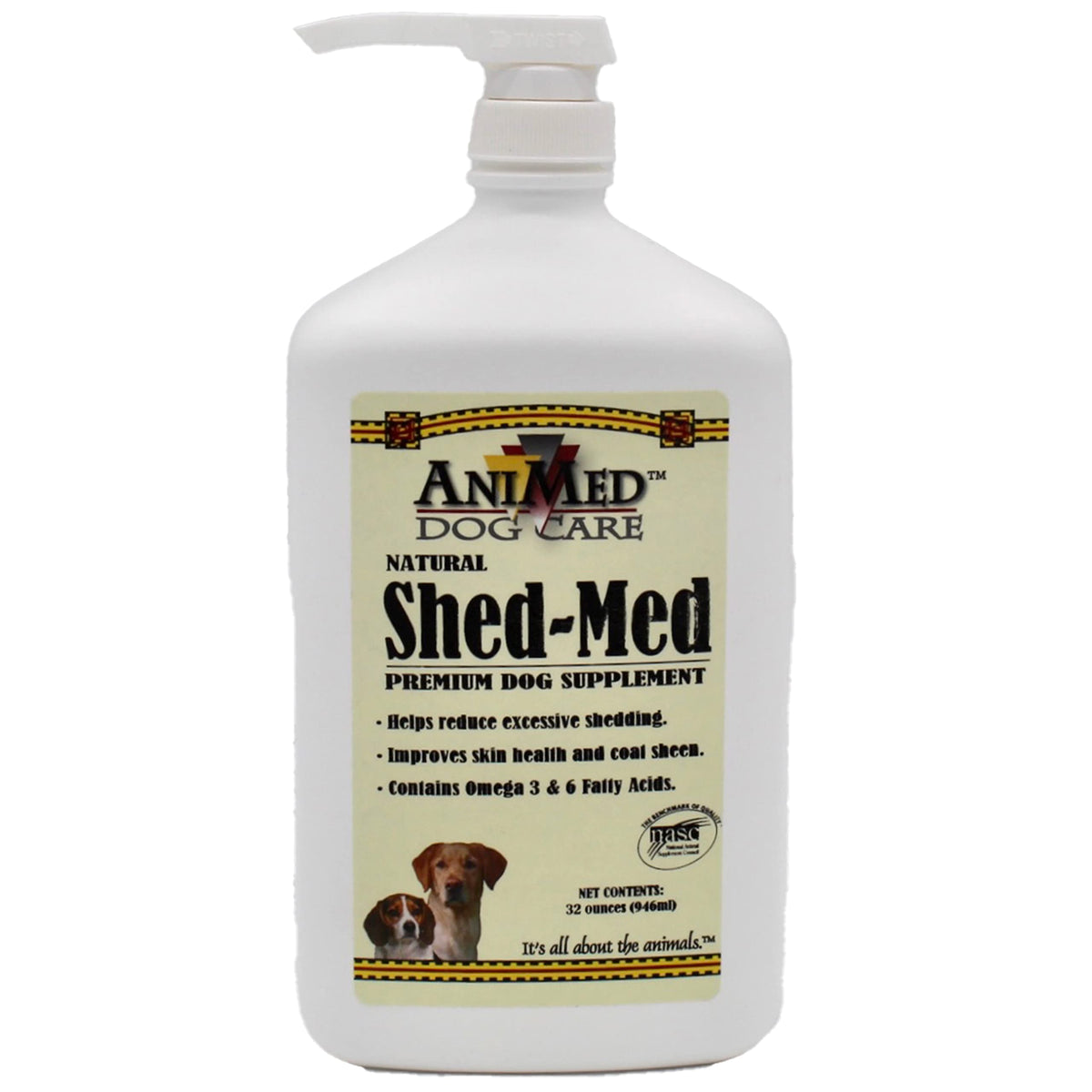 ANIMED Shed-Med Premium Dog Supplement bottle and pump for easy daily dosing.