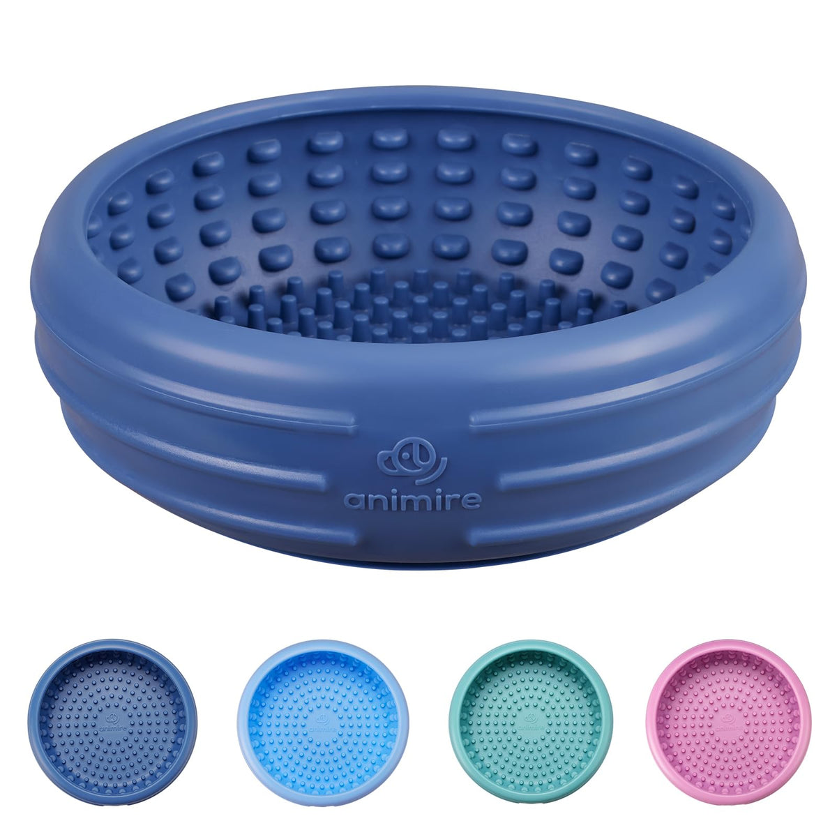 Animire dog lick bowl dark blue XL in action, promoting slow feeding and enrichment.