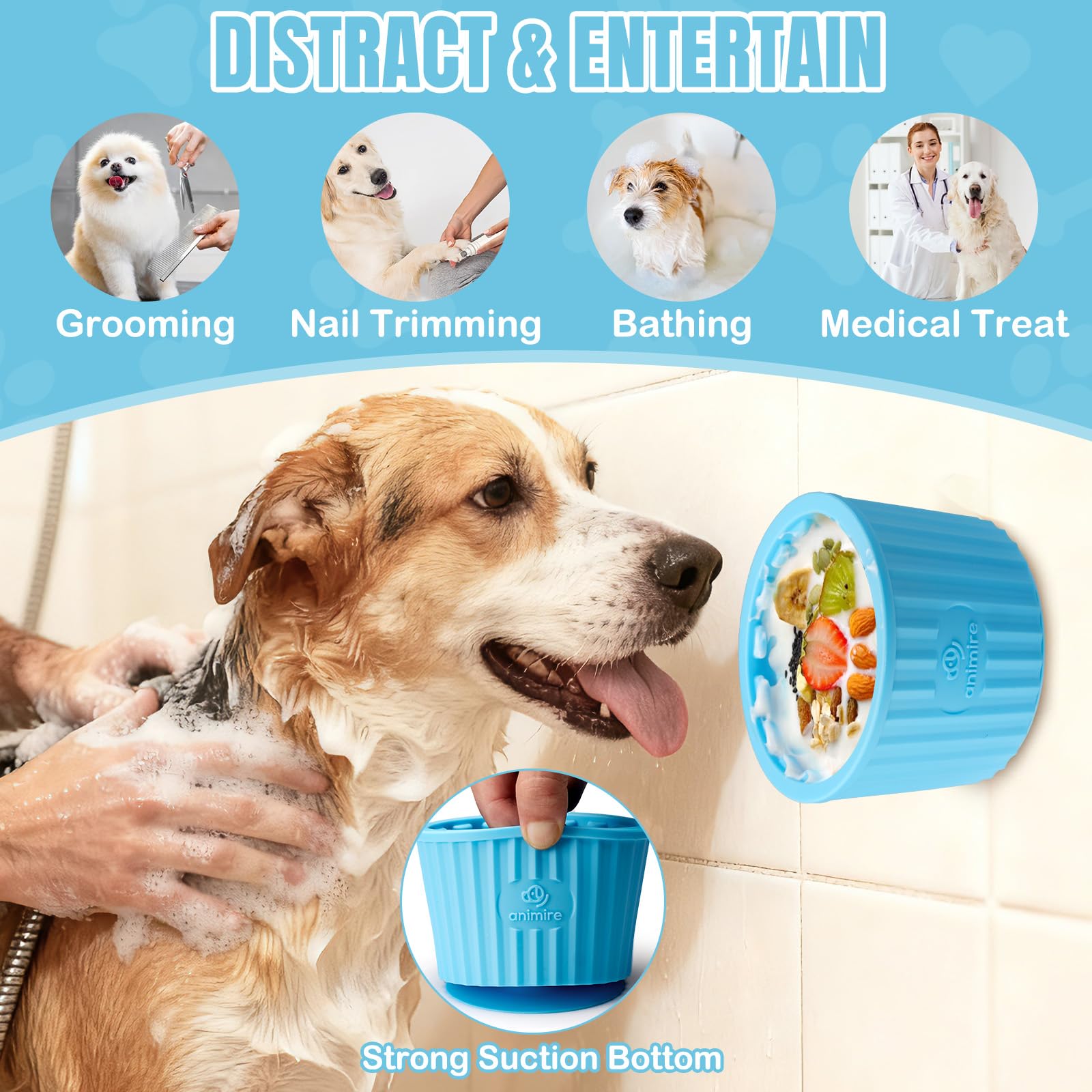 Animire dog lick bowl freezer-treat dispenser demonstrates extended play and treat freezing convenience.