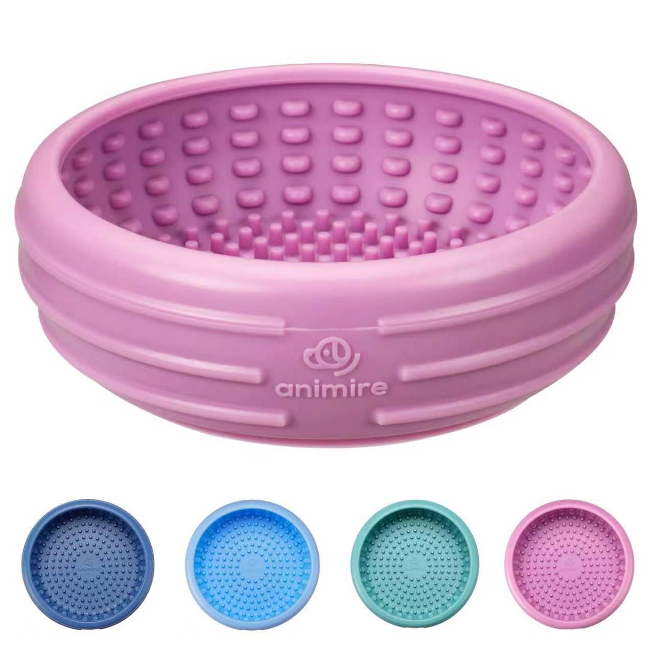 Animire dog lick bowl pastel purple close-up shows safe silicone for calm licking sessions