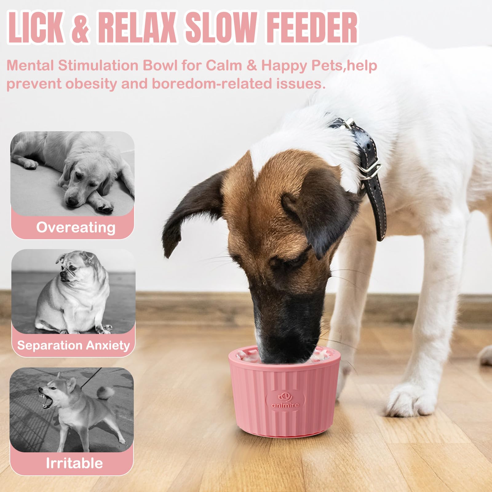 Animire Dog Lick Bowl pink dog enjoying meal during interactive dining.