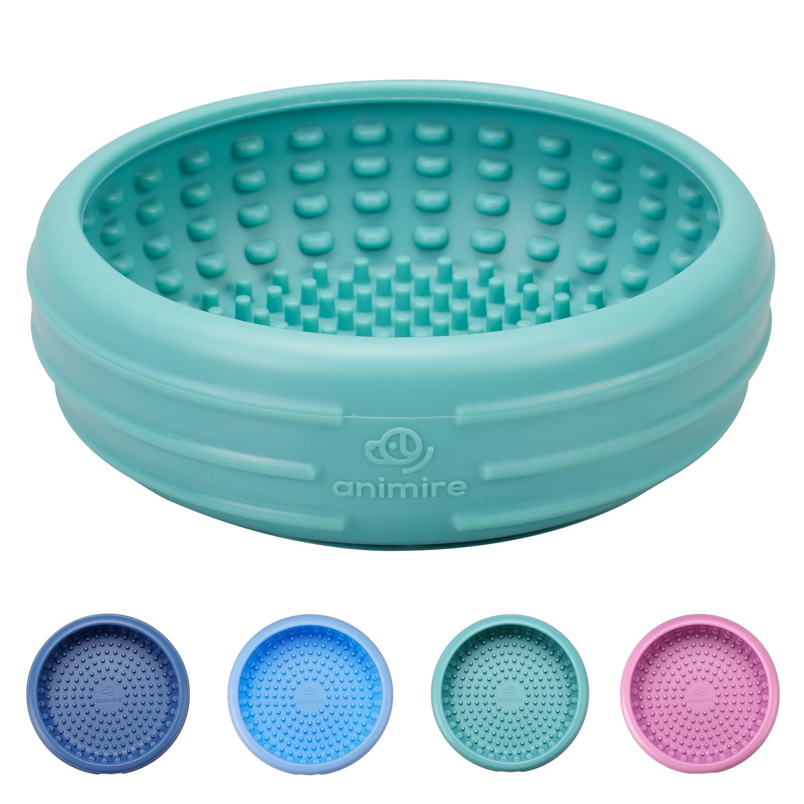 Animire dog lick bowl teal on floor for slow eating and enrichment.