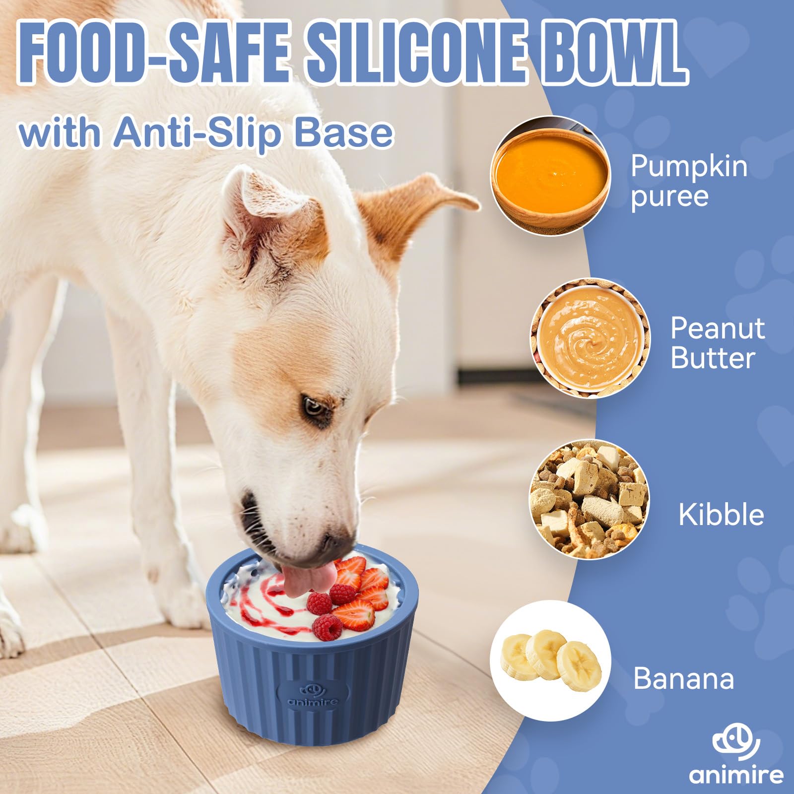 Animire Dog Lick Bowl with various foods demonstrates versatile enrichment options.