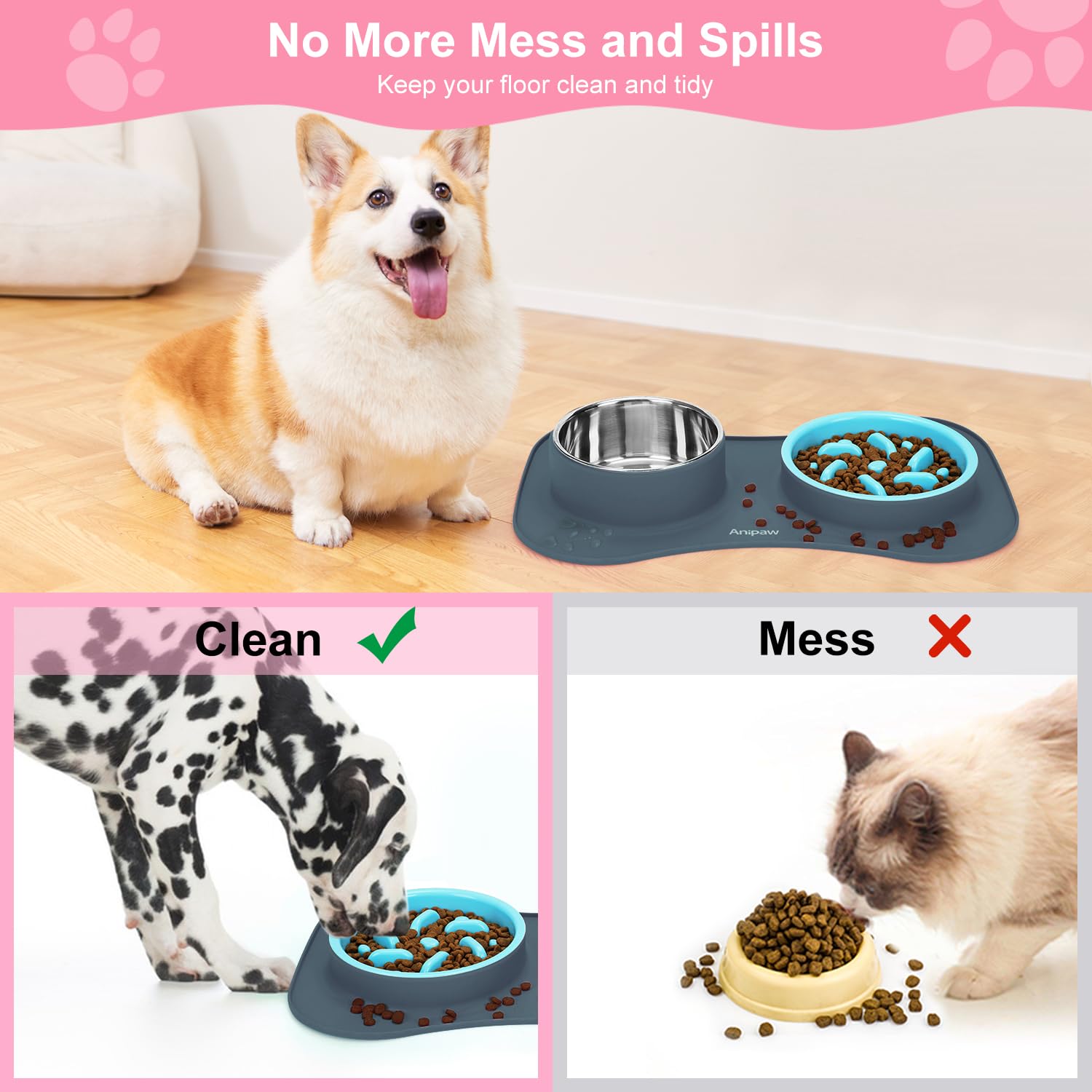Anipaw mat with four suction cups stabilizes the setup on any floor.