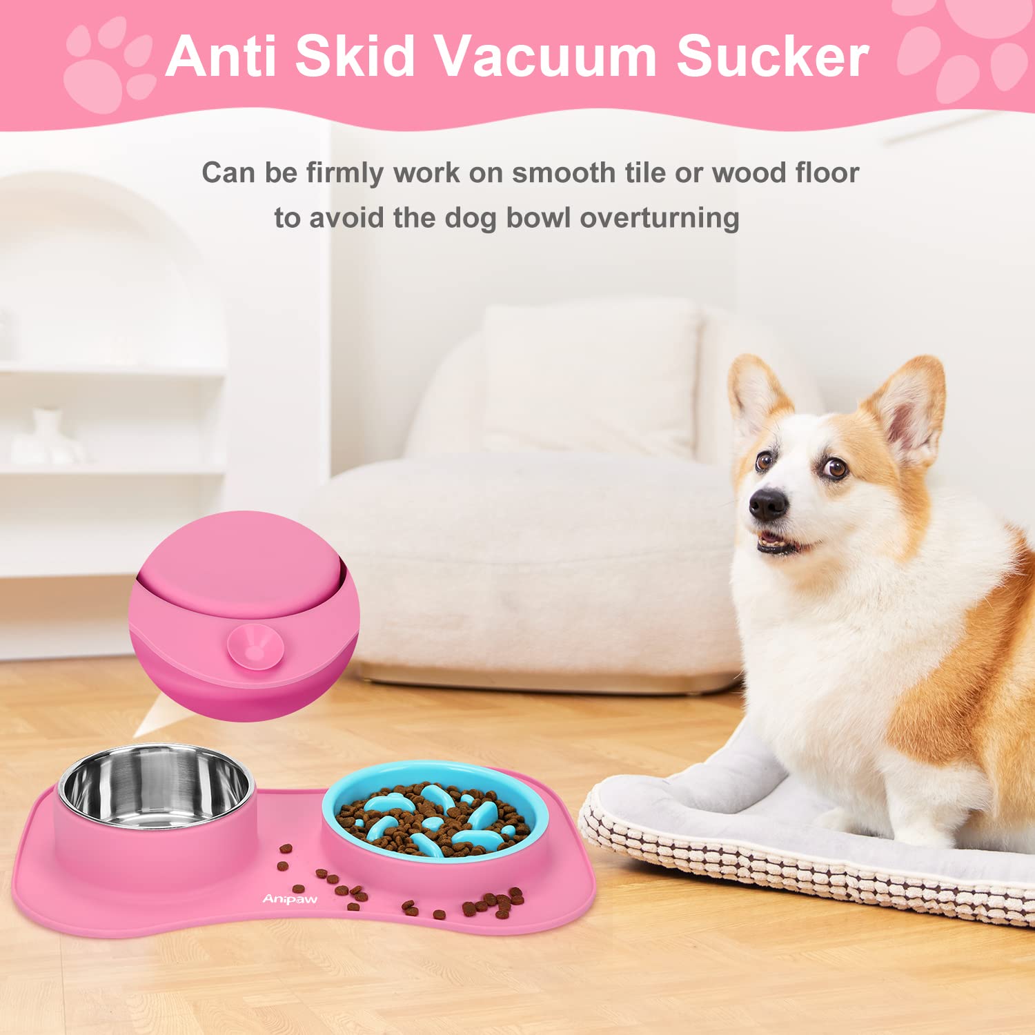 Anipaw slow feeder bowls mat demonstrates secure footing and spill prevention.