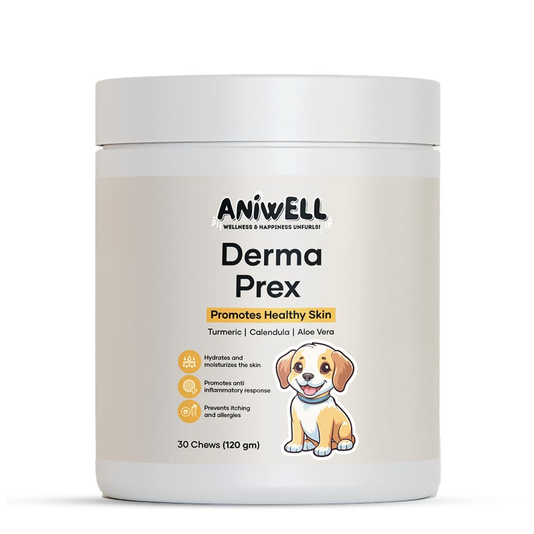 Aniwell DermaPrex bottle label highlighting natural ingredients for skin support.