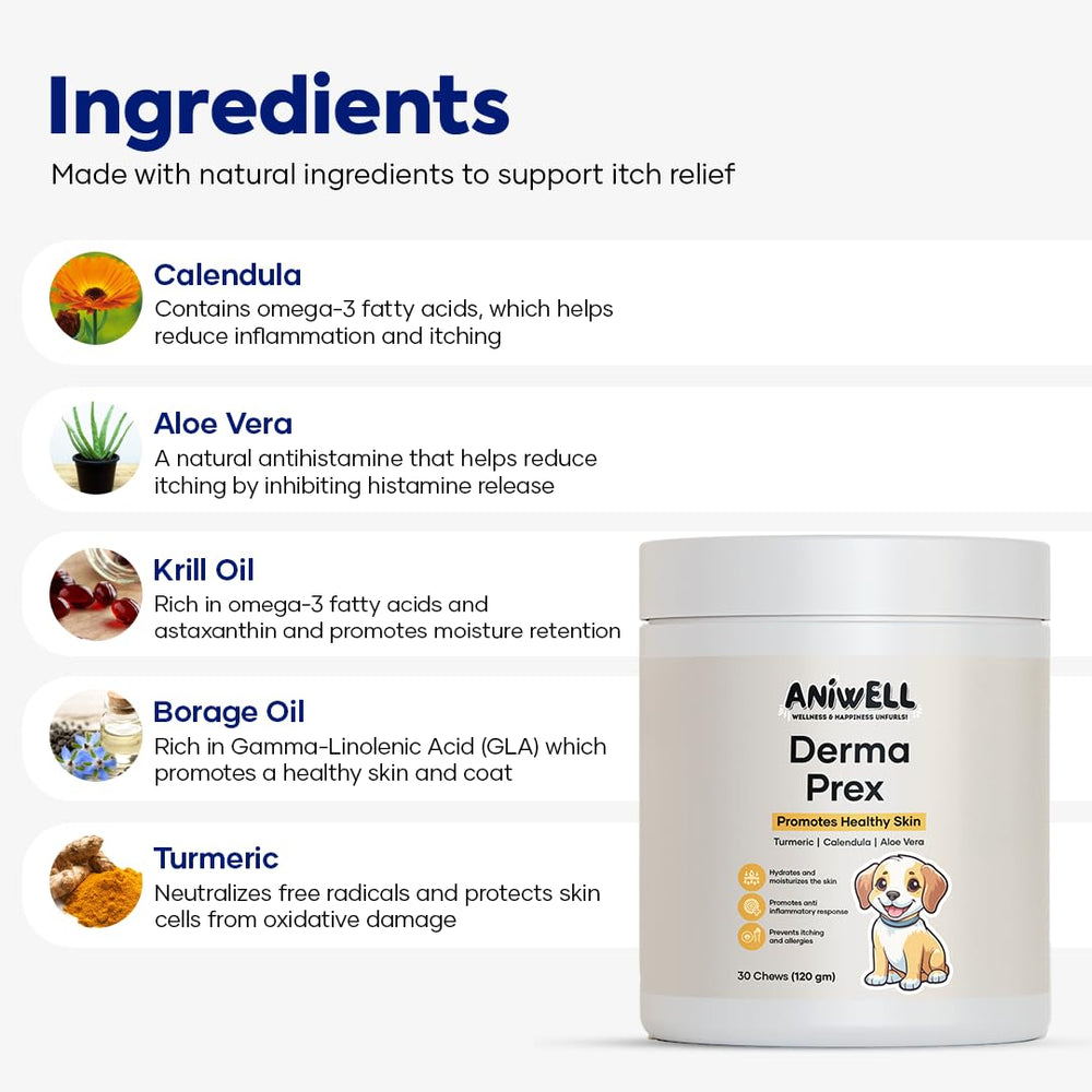 Aniwell DermaPrex quercetin di-hydrate powder emphasizing natural compounds aiding itch relief.