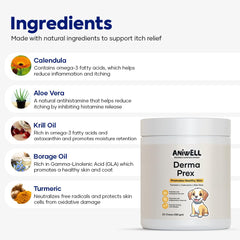 Aniwell DermaPrex quercetin di-hydrate powder emphasizing natural compounds aiding itch relief.