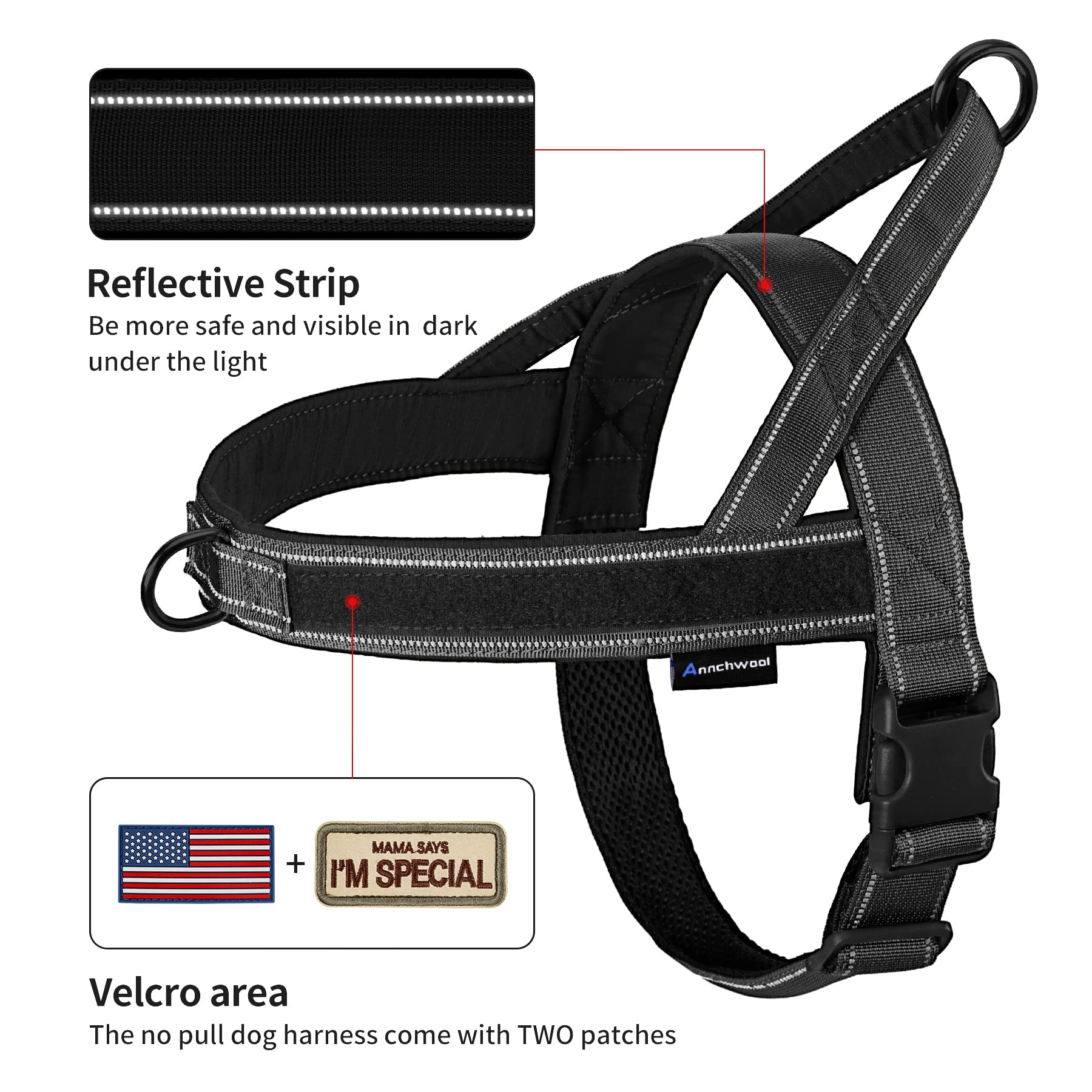 Annchwool harness with reflective strip enhances night visibility during walks.