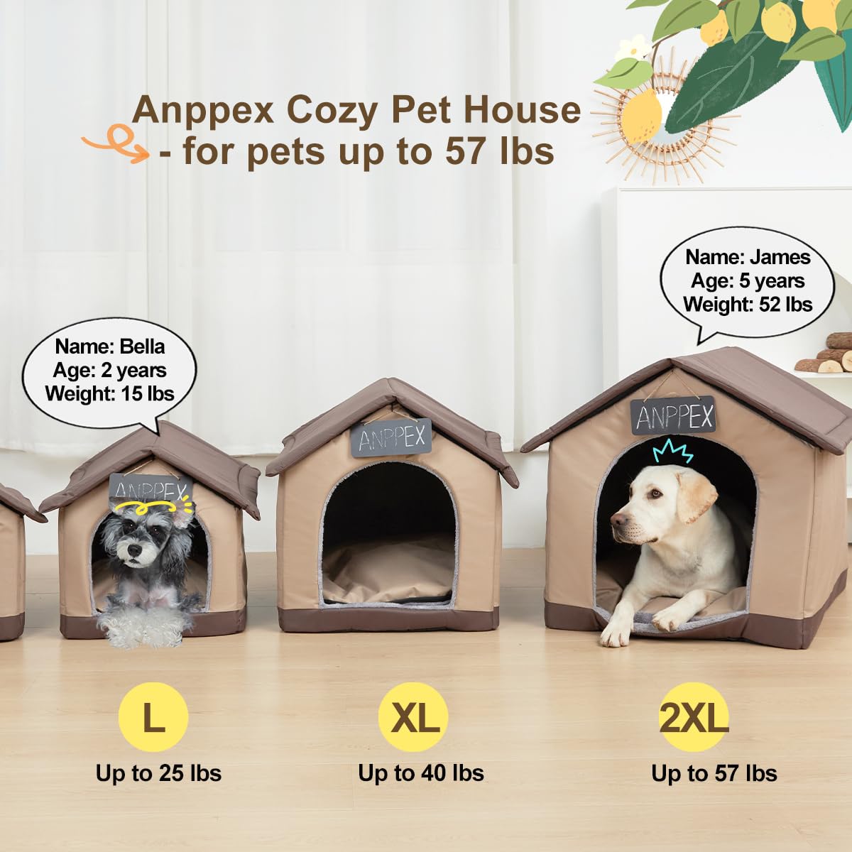 ANPPEX Cozy Dog House Indoor side view highlights sturdy Oxford fabric and secure shelter.