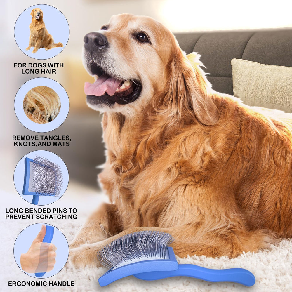 Anrundar dog slicker brush large blue wooden-handle close-up for grip