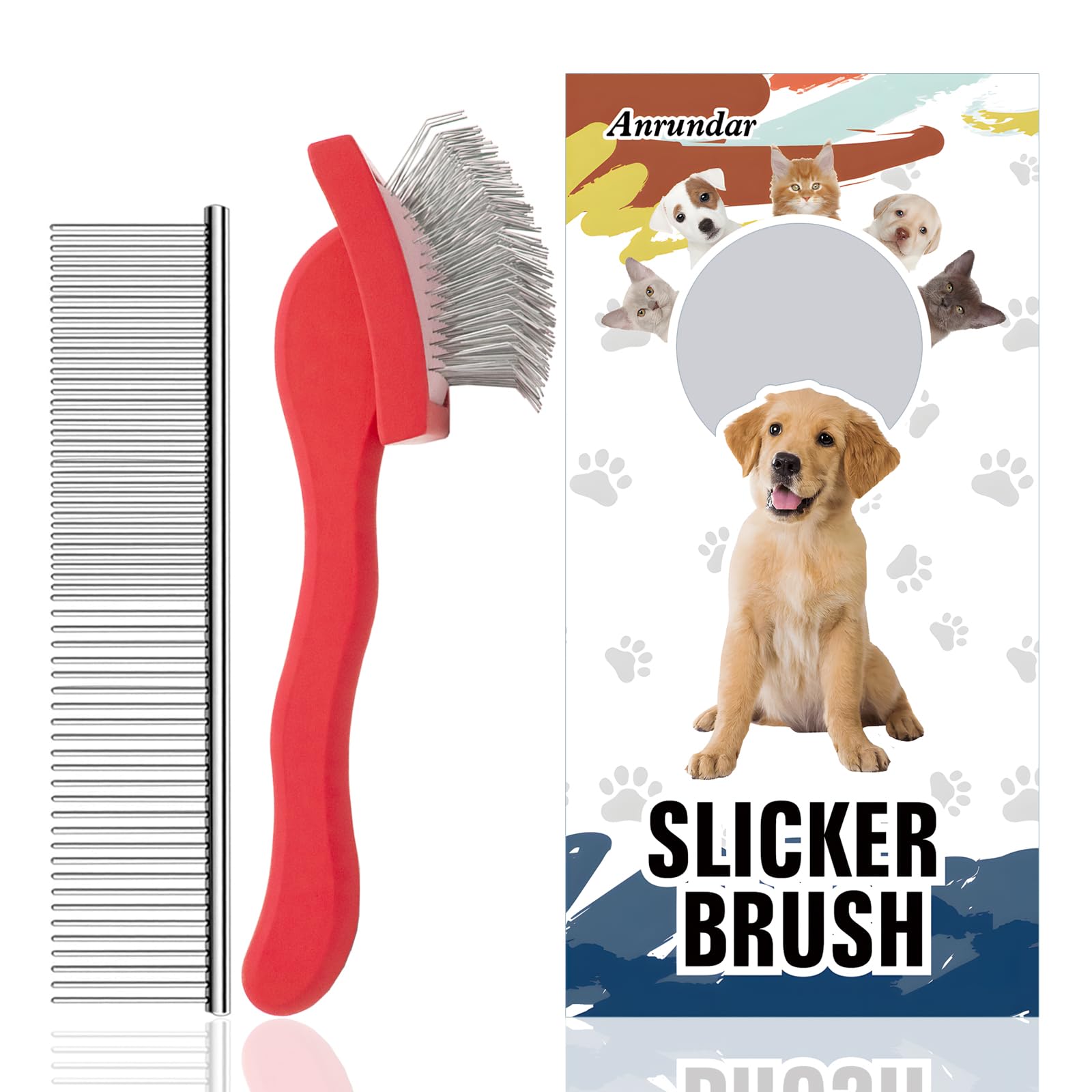 Anrundar Slicker Brush with wooden handle for comfortable long-coat grooming.