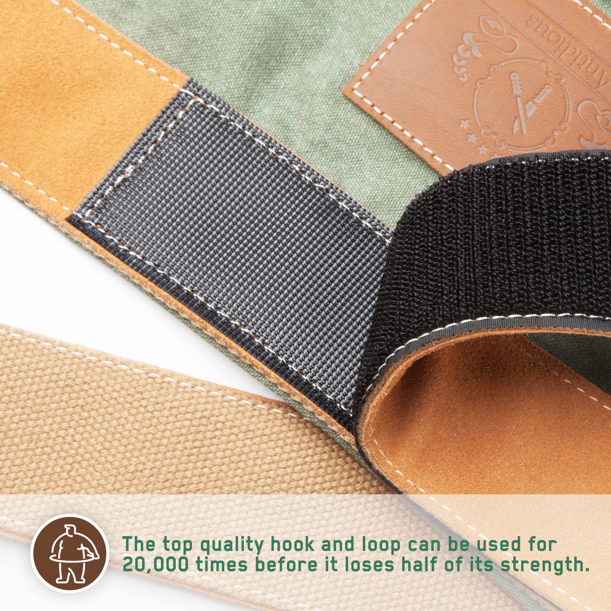 Antidious chaps with magnet and hook for nail storage and tool organization.