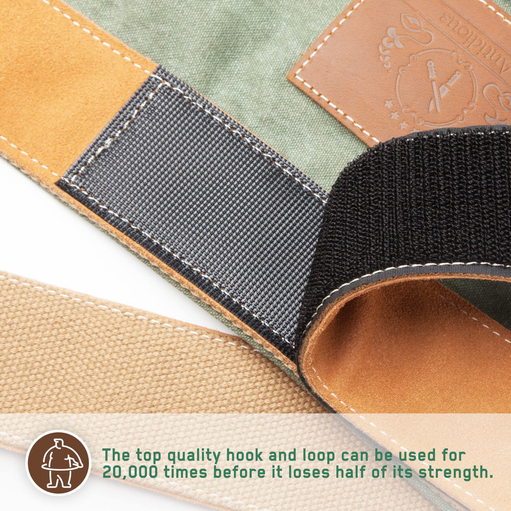Antidious chaps with magnet and hook for nail storage and tool organization.