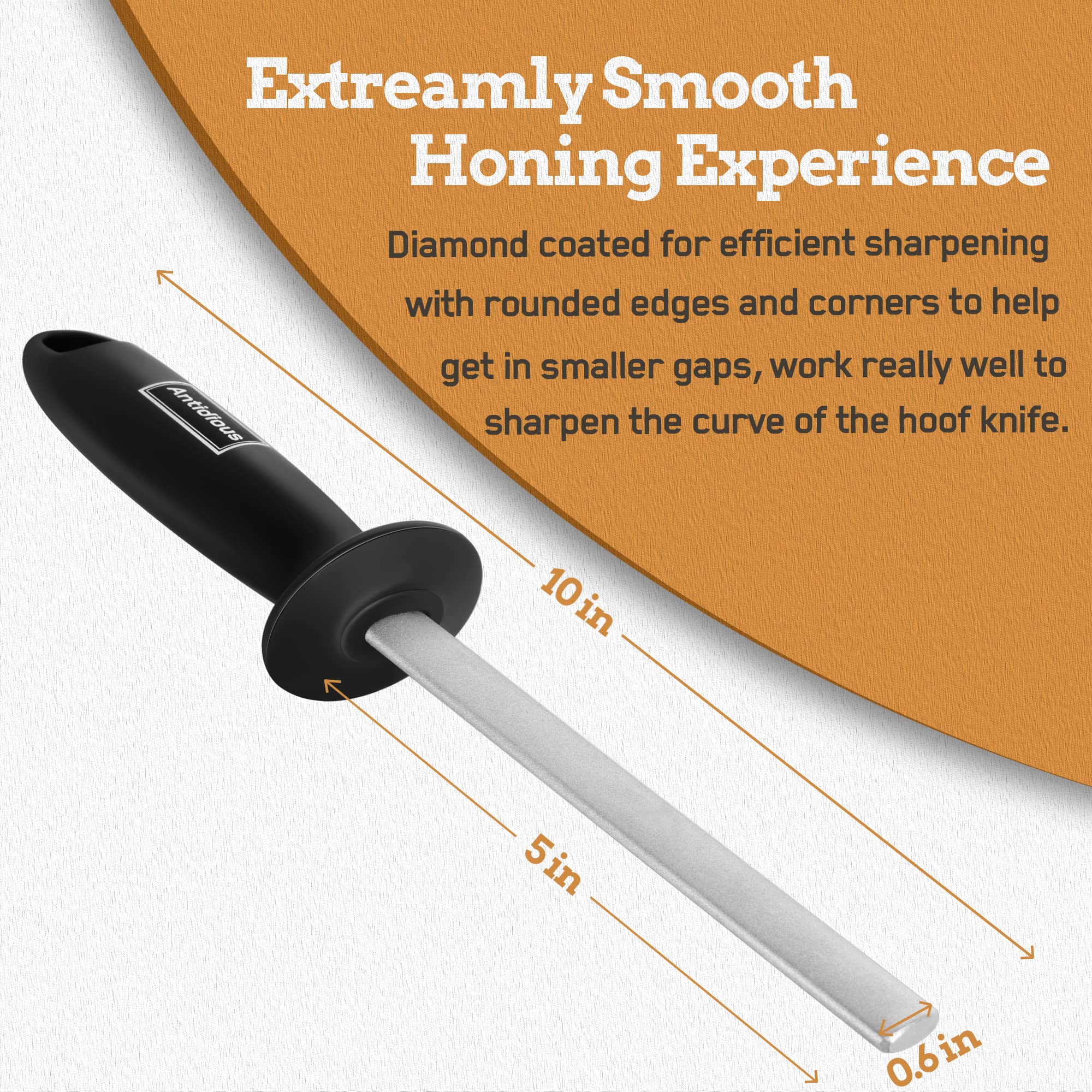 Antidious hoof knife sharpener ergonomic handle hanging storage feature.