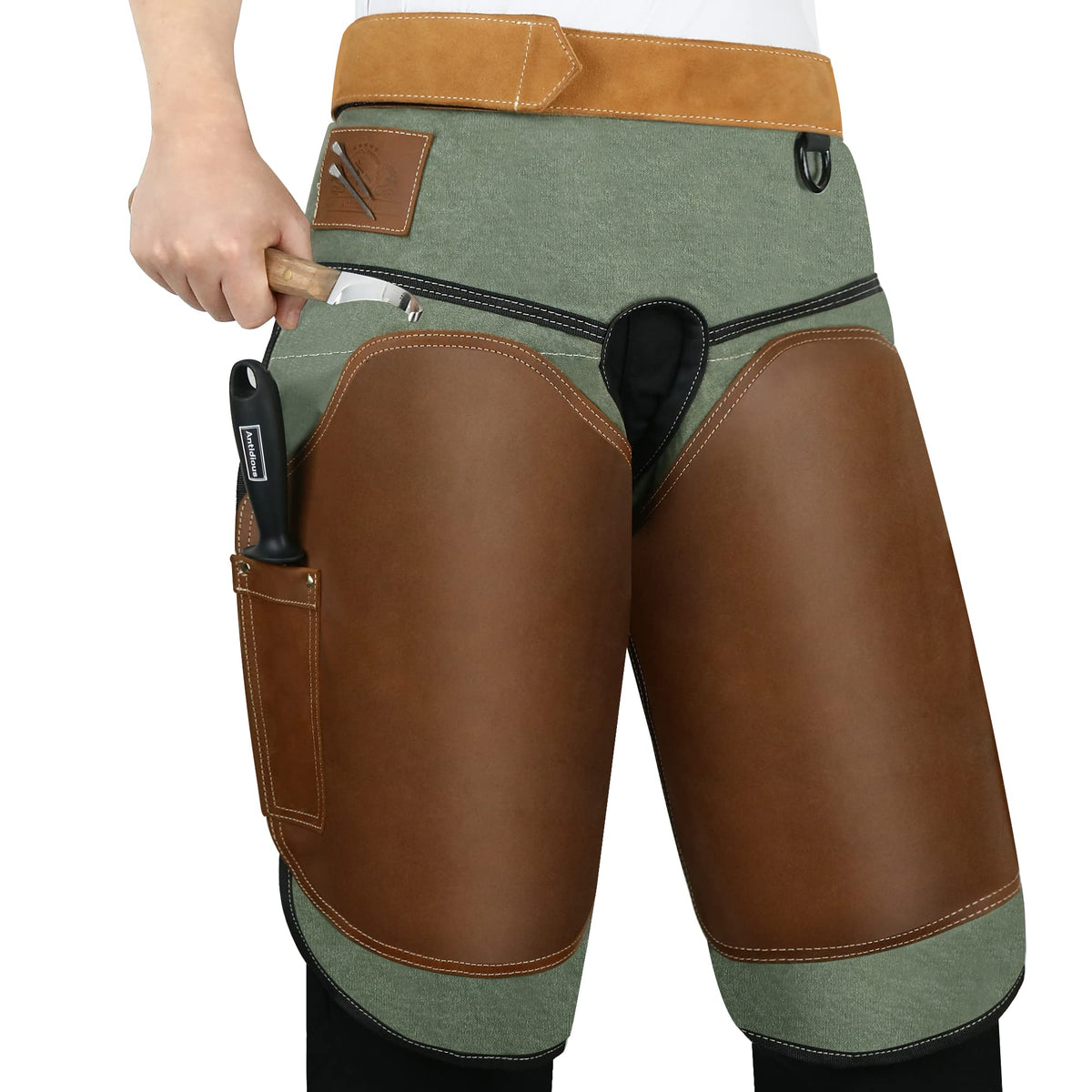 Antidious professional farrier chaps leather shows durable finish for daily hoof trimming.