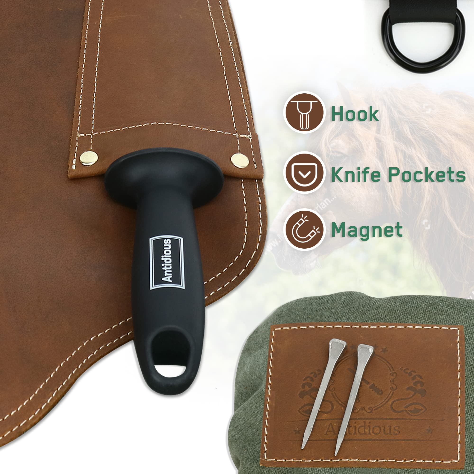 Antidious chaps feature hoof-knife pockets for quick tool access during trimming.