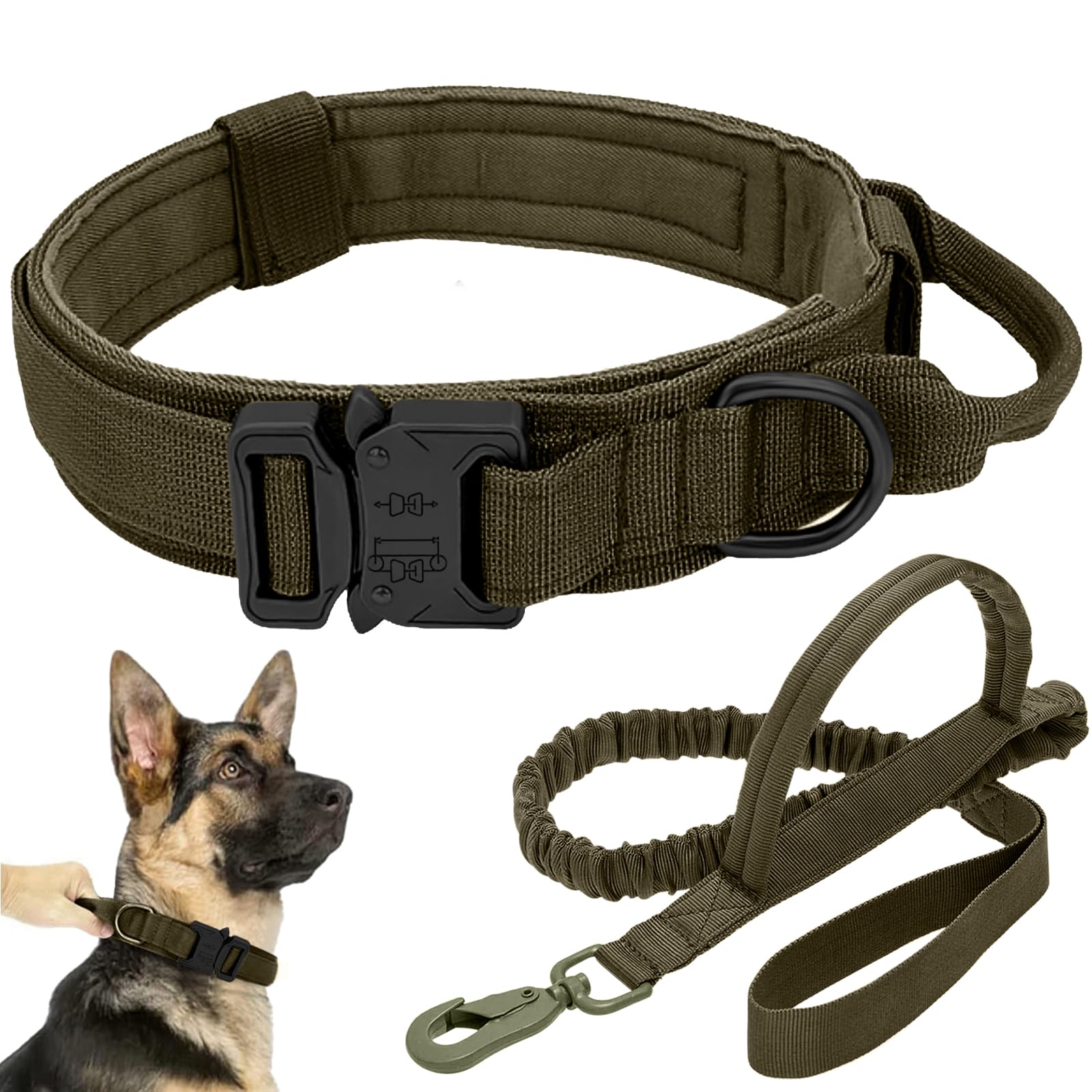 Antswish tactical dog collar green with metal buckle offers secure fit and durable control.
