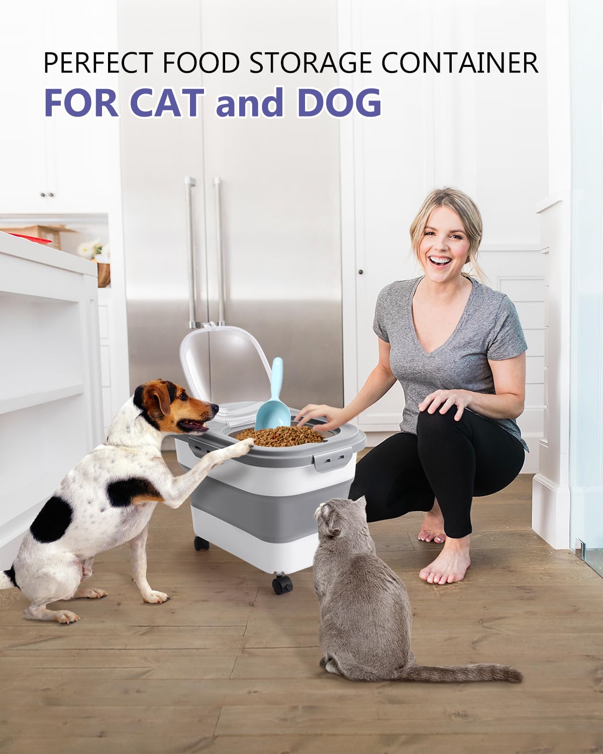 ANVS pet food container on casters moves easily around the kitchen