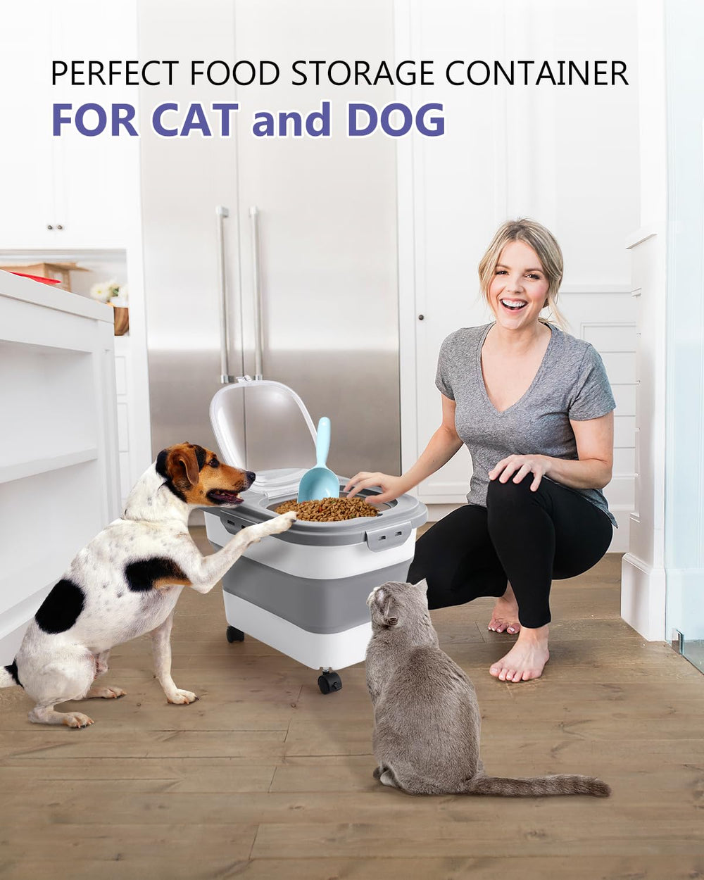 ANVS pet food container on casters moves easily around the kitchen