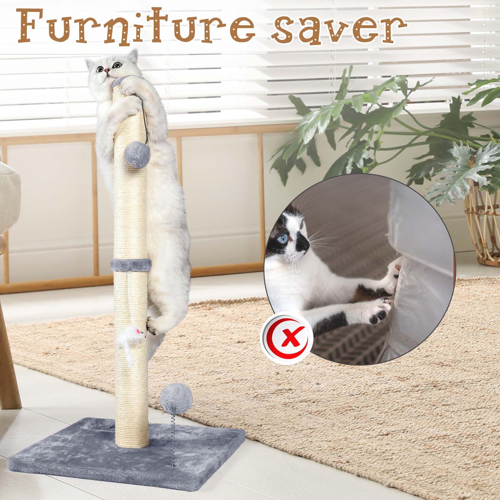ANWA 32-inch tall cat scratching post with plush toys promotes engagement and enrichment.