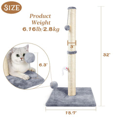 ANWA 32-inch tall cat scratching post top view shows plush toys for interactive play.