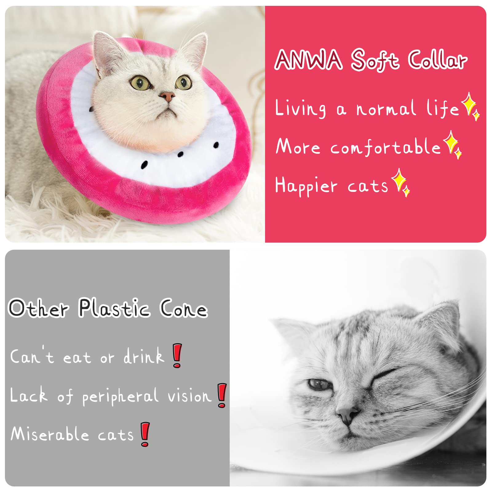 ANWA adjustable-inner-strap cat cone collar ensures secure fit across sizes
