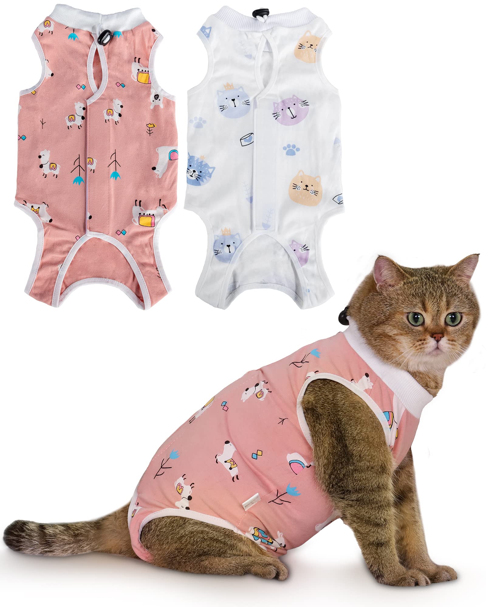 ANWA cat recovery suit close-up shows breathable fabric for post-surgery comfort.