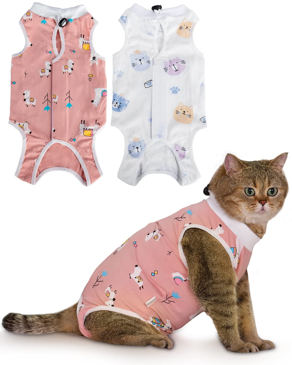 ANWA cat recovery suit close-up shows breathable fabric for post-surgery comfort.
