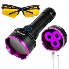 ANYGO 365nm UV flashlight front view reveals stains and scorpions with vivid glow