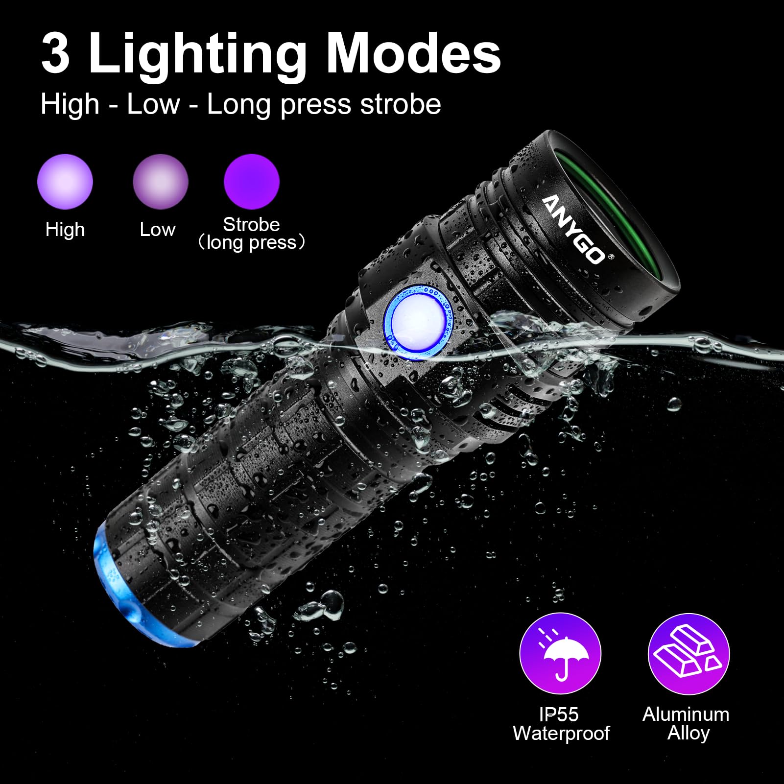 ANYGO 3-mode operation highlights High, Low and Strobe modes