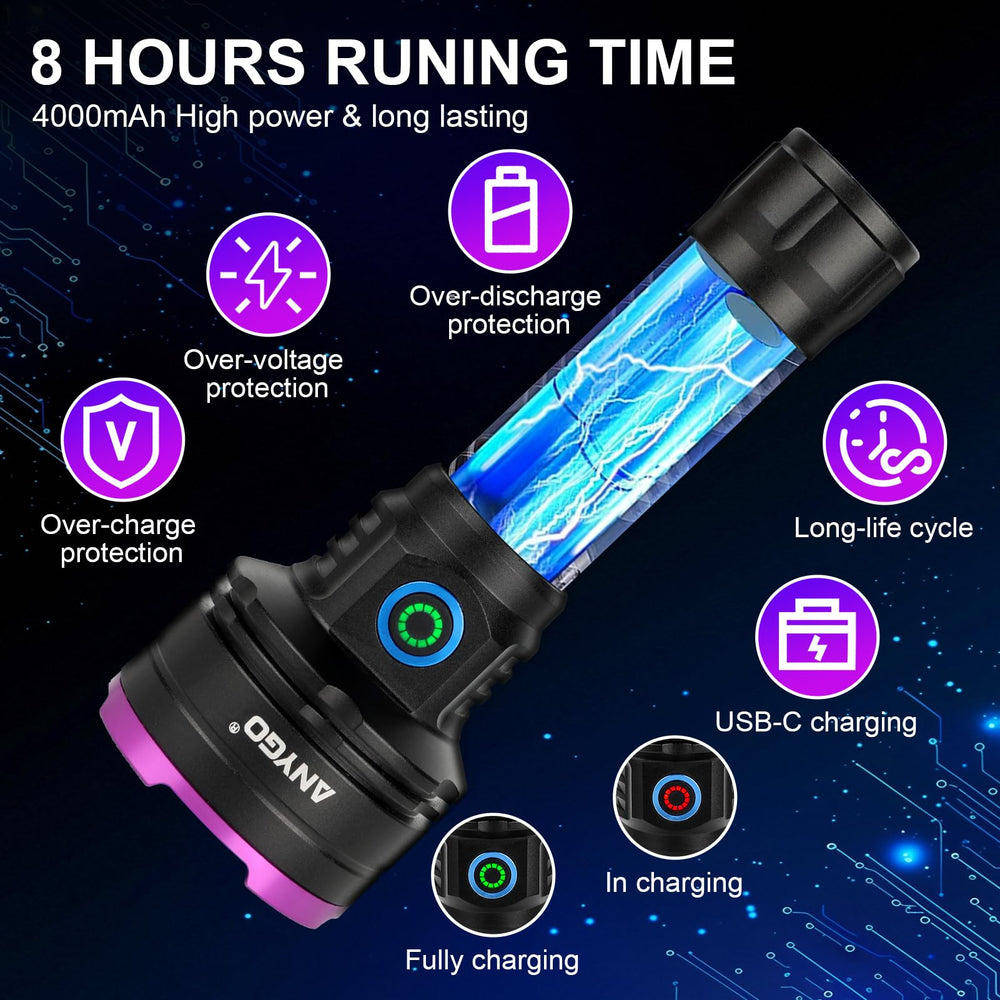 ANYGO UV flashlight provides up to eight hours of continuous illumination