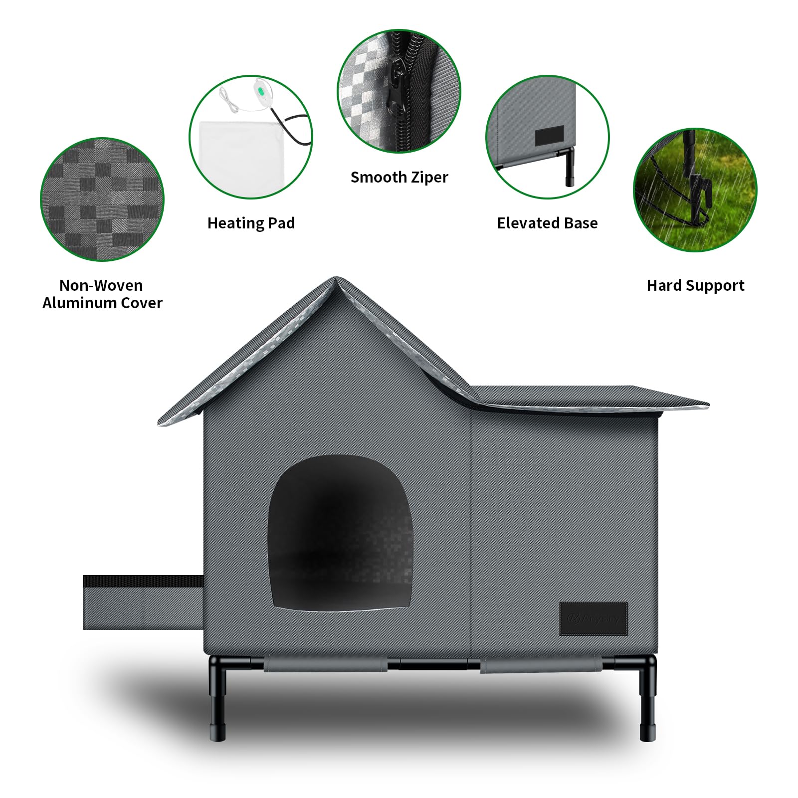 Anysiny heated cat house elevated base adds wind-stable, dry setup.
