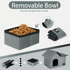 Anysiny cat house with removable feeding bowl enables easy outdoor meals.