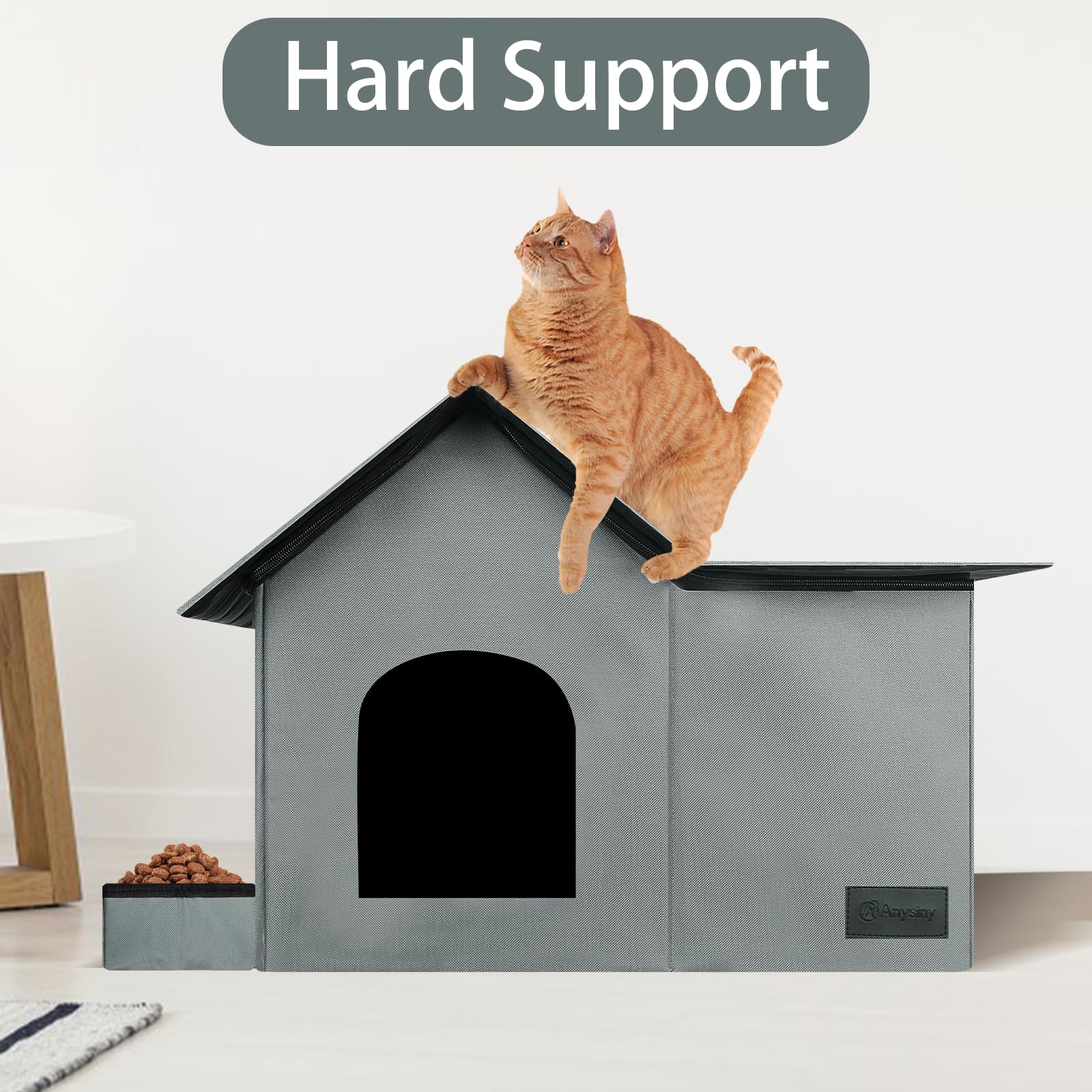 Anysiny weatherproof roof keeps rain out and dry cats inside.