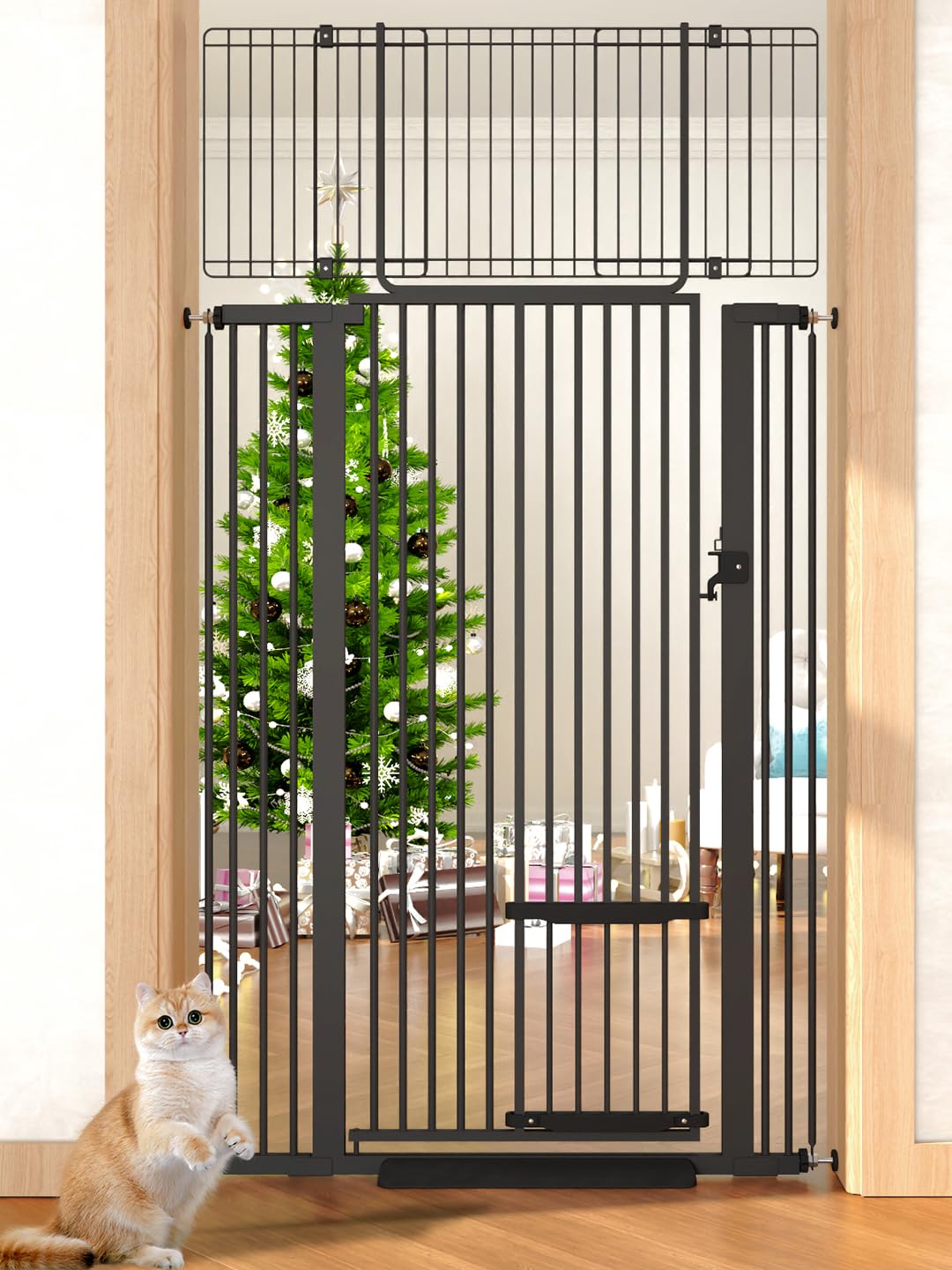Aodbicy 71-inch extra tall cat gate in closed position keeps pets contained safely.