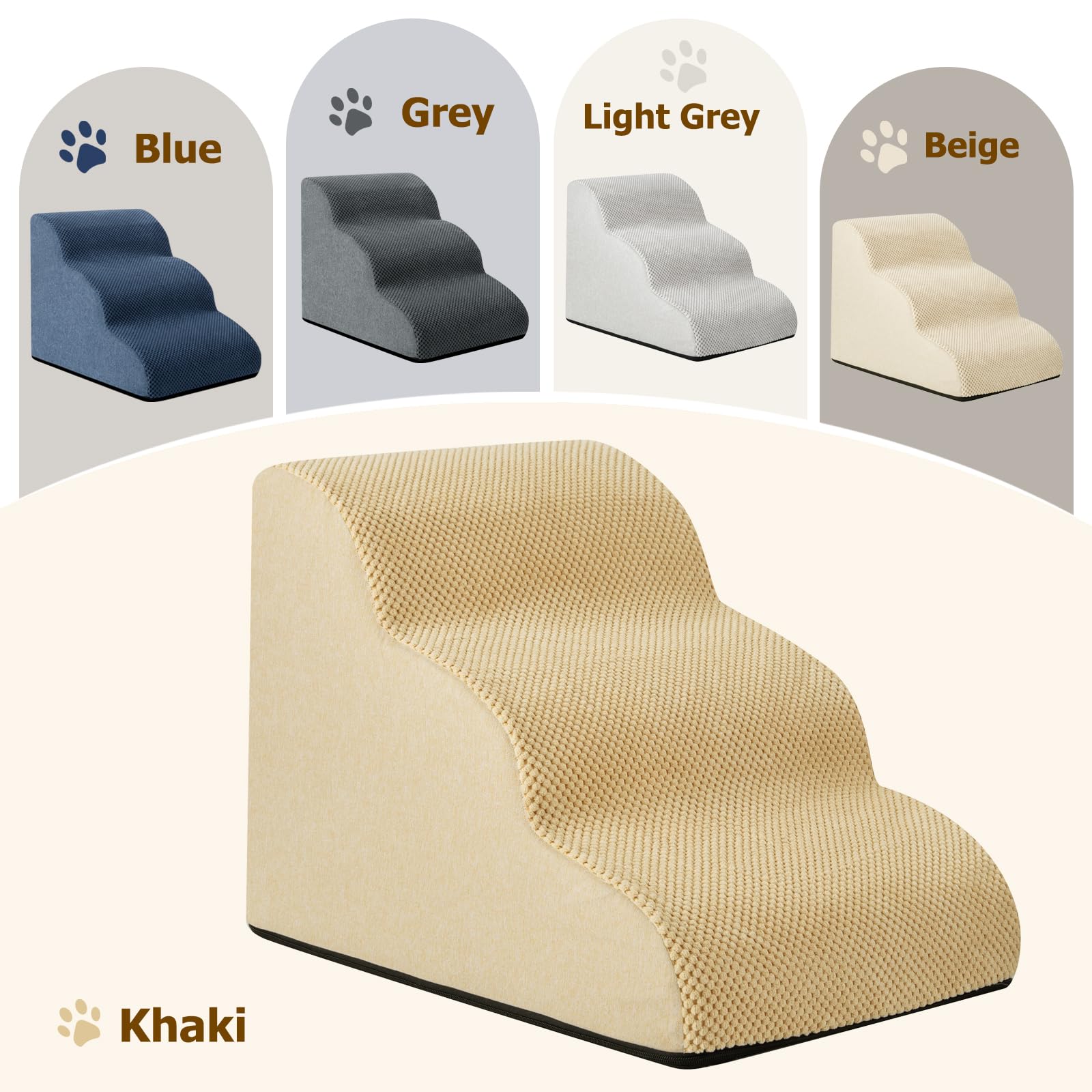 Aodisman 3-step dog stairs on sofa in khaki demonstrates gentle incline for older pets.