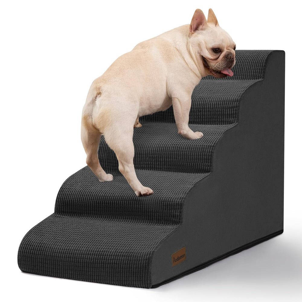 Aodisman 5-step dog stairs placed at bed edge for easy access