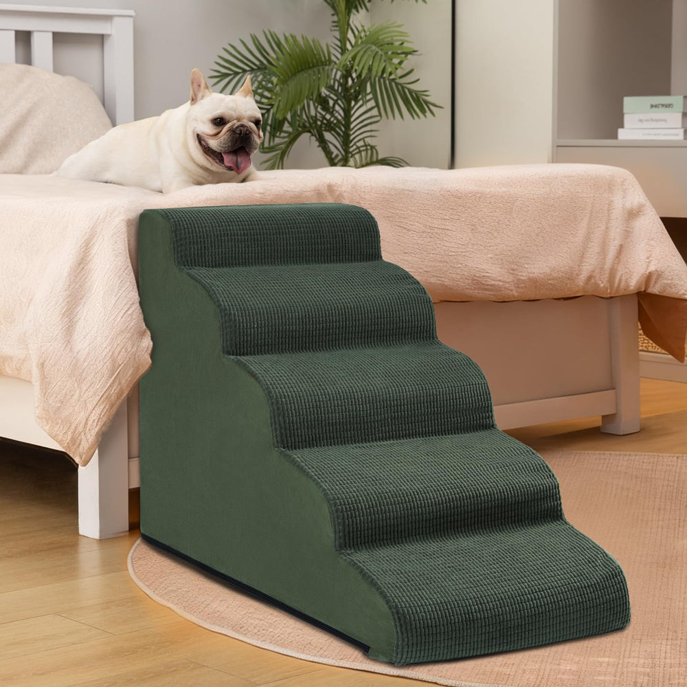 Aodisman 5-Step Dog Stairs green setup against bed edge for safe climbing.