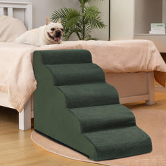 Aodisman 5-Step Dog Stairs green setup against bed edge for safe climbing.