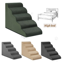 Aodisman 5-Step Dog Stairs green front angle showing low-profile entry to furniture.