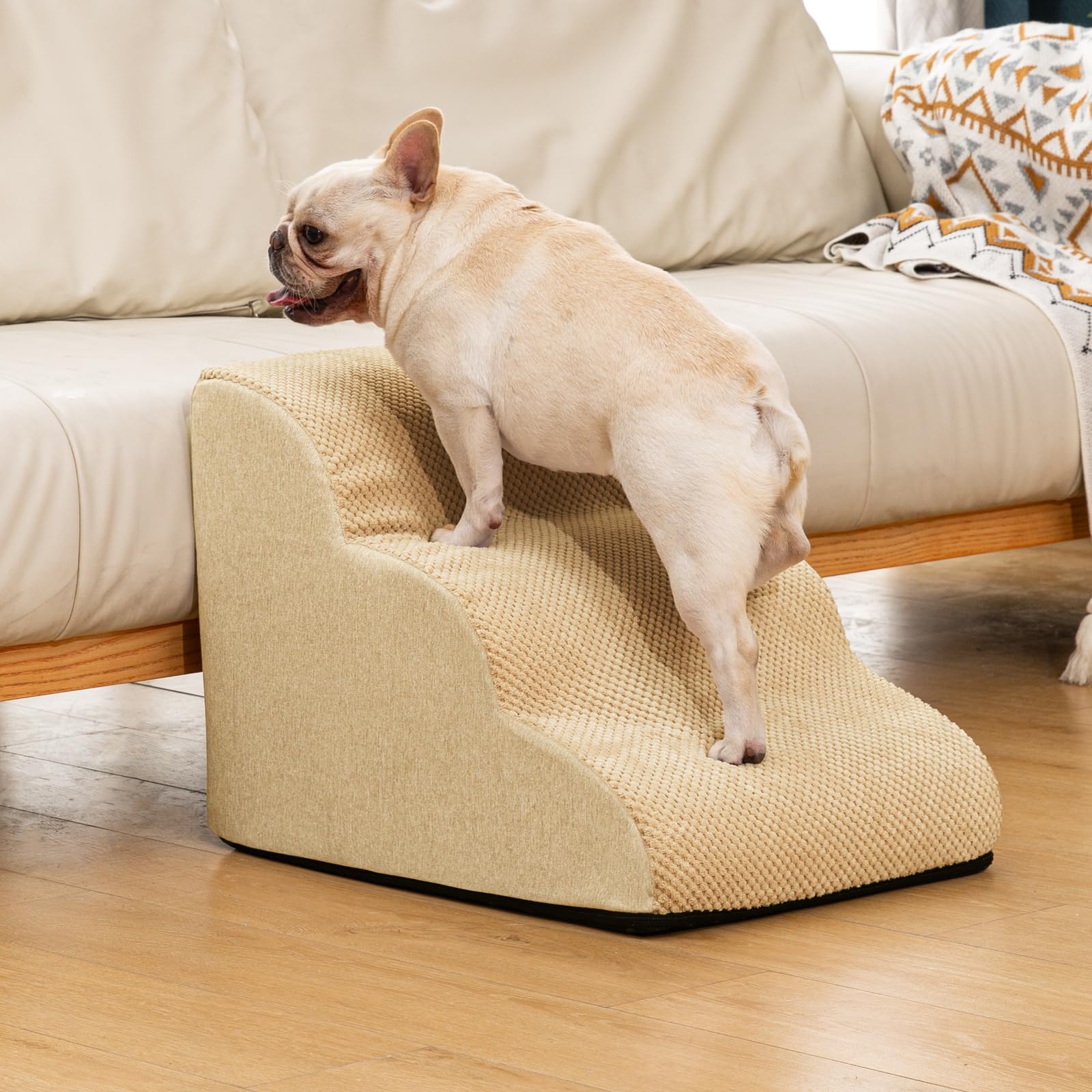 Aodisman dog ramp anti-slip bottom in khaki keeps pets steady on slippery floors.