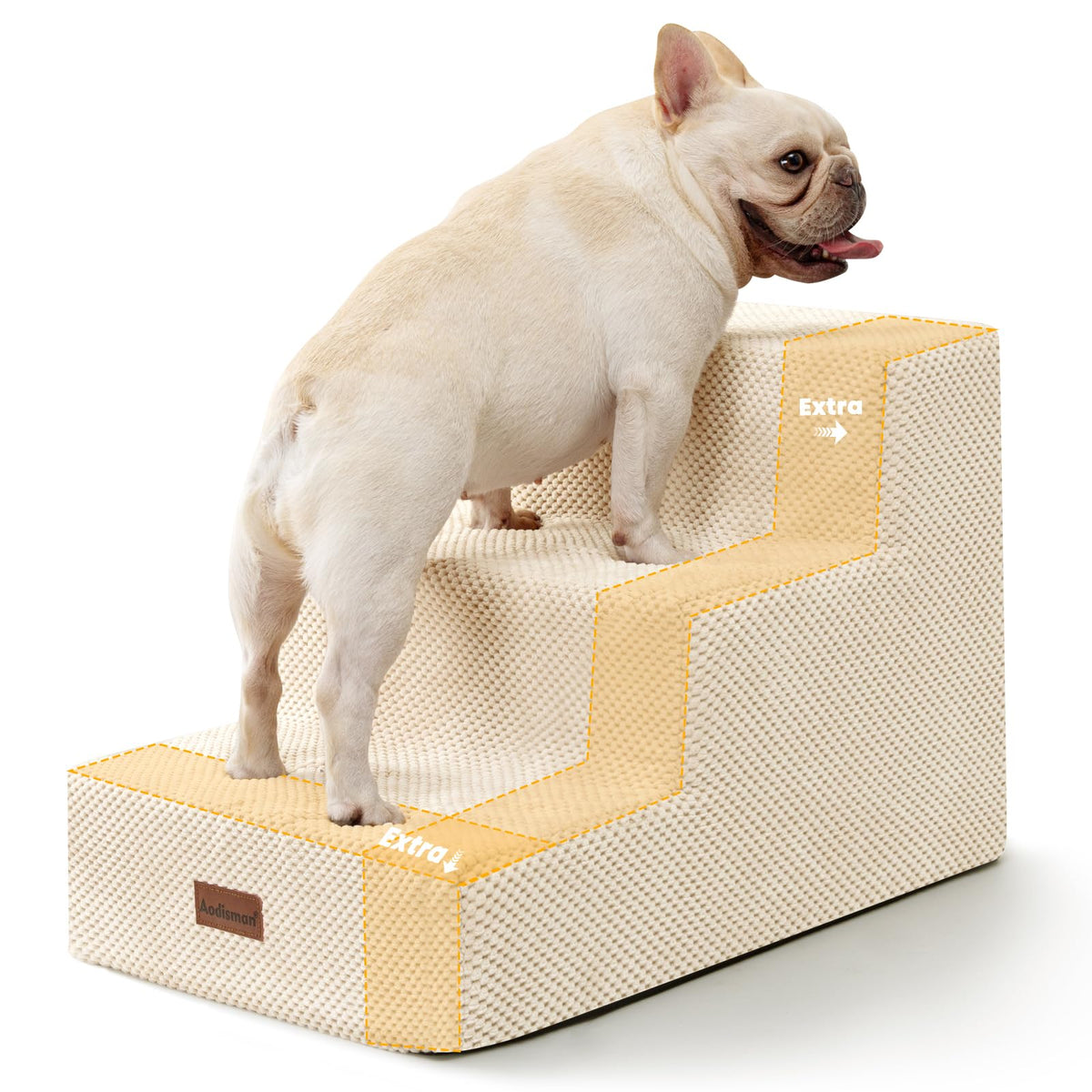 Aodisman dog stairs 3-step beige non-slip bottom for stable beds and couches