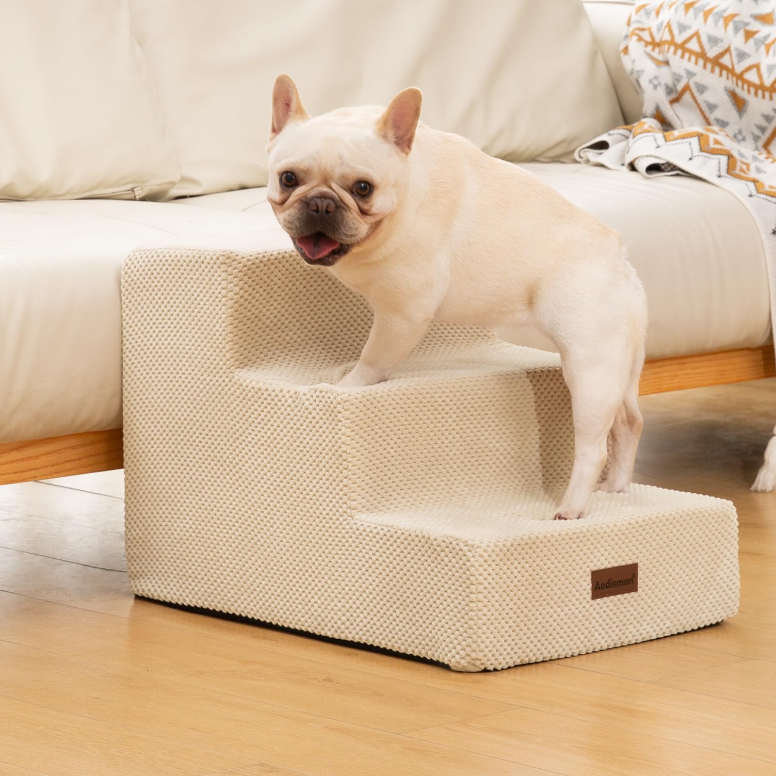 Aodisman dog stairs 3-step beige on couch use helps small pets reach sofas